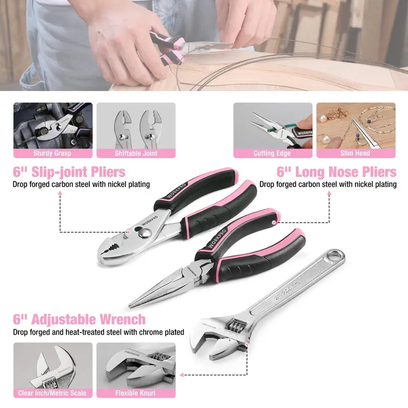 WORKPRO Complete Household Tool Set  258 or 284 Pieces, Pink Ribbon Design