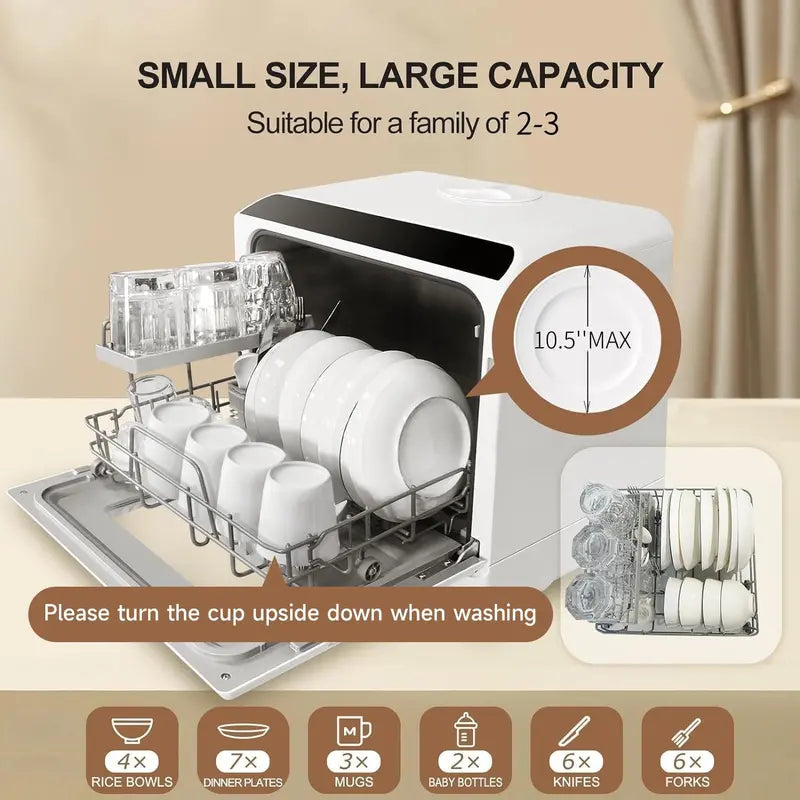 Compact Countertop Dishwasher  Portable Mini Unit with Drying, Dual Spray Arms