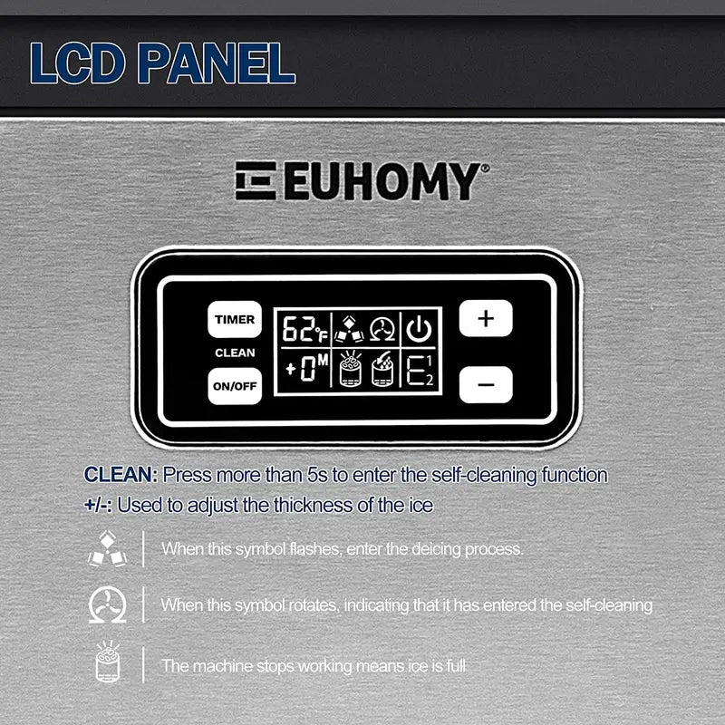 Euhomy Commercial Undercounter Ice Maker  100-Lb/Day Stainless Steel Unit with Dual Water Inlets