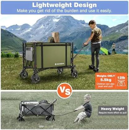 Collapsible 220lb Wagon Cart, 120L Foldable with Wheels for Groceries, Beach, Garden, Camping  Green