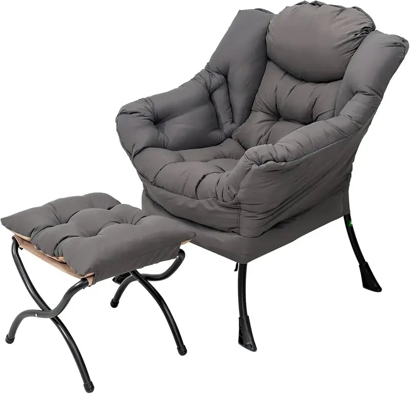 Welnow Compact Lazy Chair with Ottoman  Dark Grey Accent Armchair with Side Pocket & Footrest