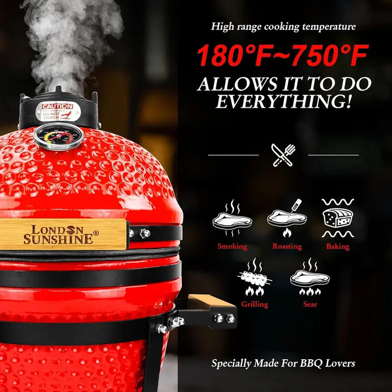 13-Inch Ceramic Kamado-Style Charcoal Grill  Compact Portable BBQ in Bold Red