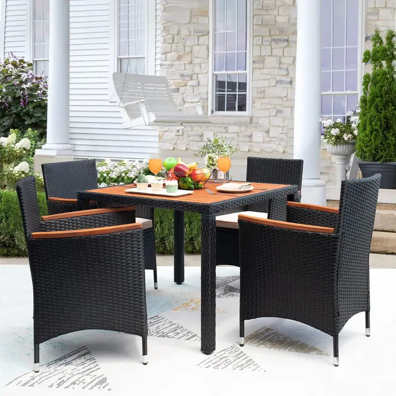 Devoko 7-Piece Acacia Wood & Rattan Patio Dining Set  Outdoor Conversation Furniture with Natural Wood Table Top