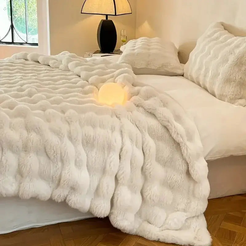 Reversible Textured Throw Blanket  Dual-Sided Bubble-Knit Design