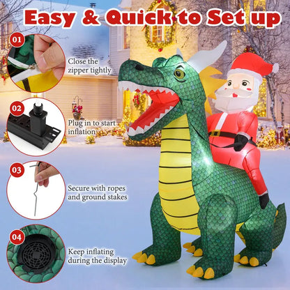 6.7-Foot Inflatable Santa on Dinosaur  Outdoor Holiday Decoration with Built-in Lights and Ground Stakes