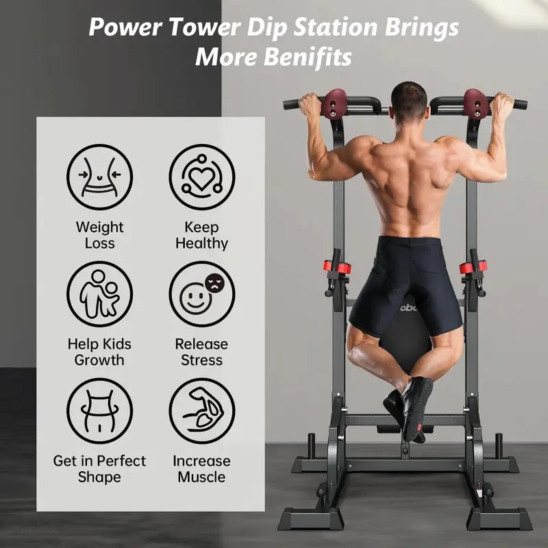 Pooboo Adjustable Power Tower  Dip Station, Pull-Up Bar & Ab Board