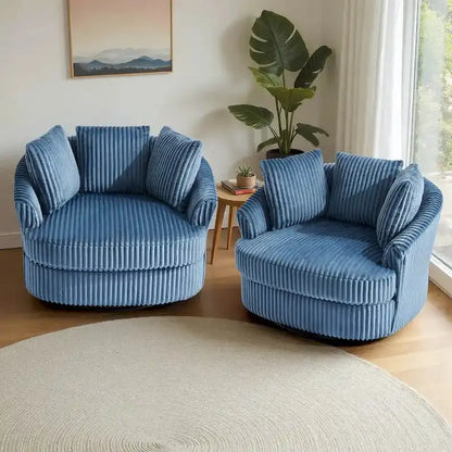 Set of Two Plush Corduroy Swivel Barrel Chairs  43¡å Wide with Decorative Pillows