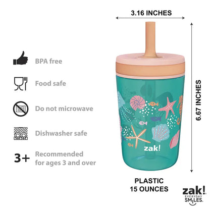 Zak Designs 3pc Kelso Straw Tumbler Set, 12oz Stainless Steel and 15oz Plastic, 2 Cups and 1 Bonus Straw, Leakproof and Perfect for Kids, Seashells