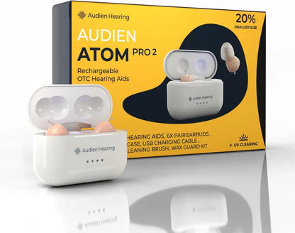Audien ATOM PRO 2 Wireless Rechargeable Hearing Aid  Nearly Invisible, All-Day Comfort Fit