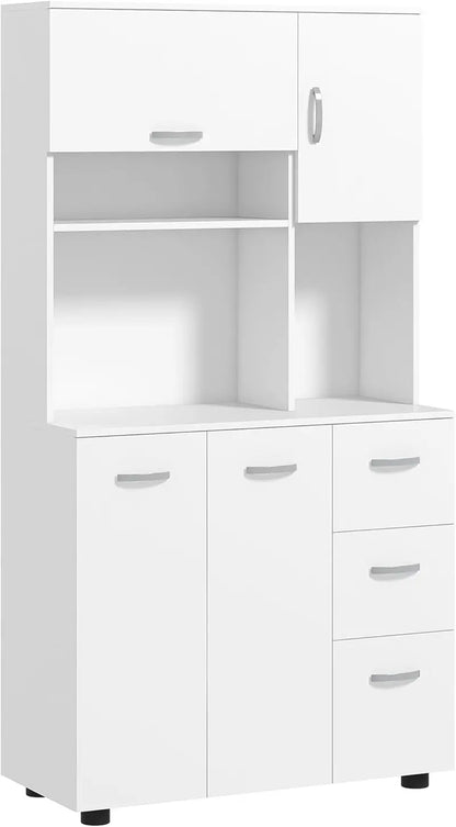 White 66″ Microwave Stand & Pantry Cabinet  Multi-Functional Kitchen Storage Unit with Shelf Organization