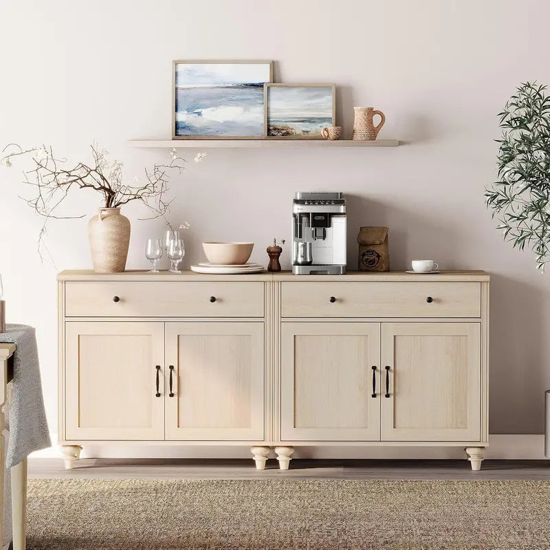 68-Inch Off-White Farmhouse Sideboard  Large Buffet Credenza with 4 Doors, 2 Drawers & Dining Room Style