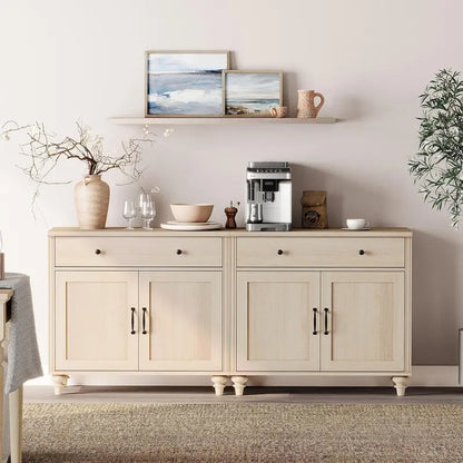 68-Inch Off-White Farmhouse Sideboard  Large Buffet Credenza with 4 Doors, 2 Drawers & Dining Room Style