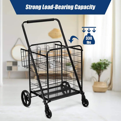 Heavy-Duty Folding Grocery Cart with Dual Baskets, 330-LB Capacity, and 360° Swivel Wheels