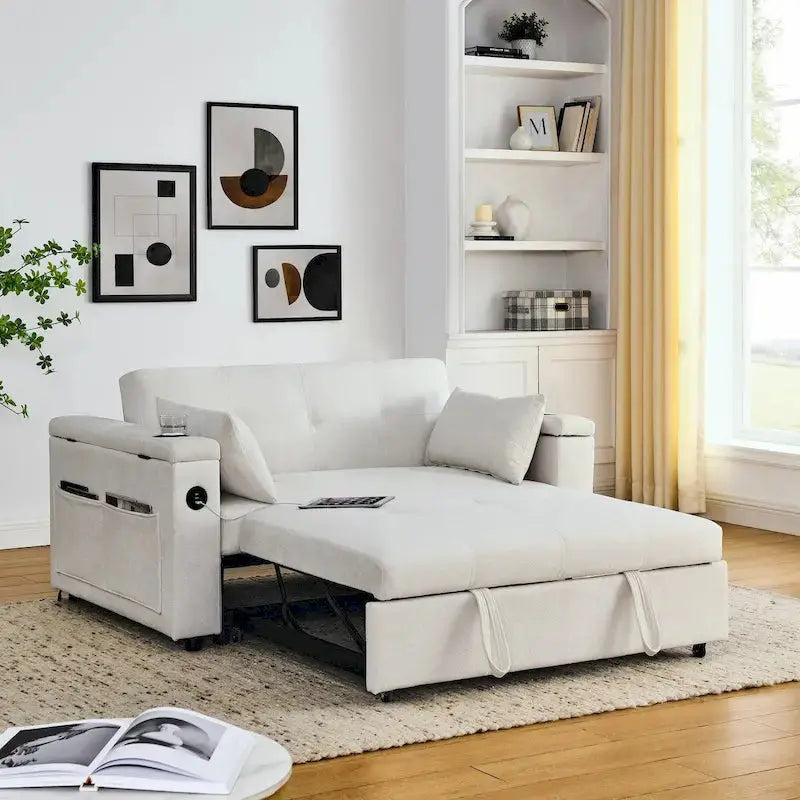 54-Inch Pull-Out Sleeper Sofa Bed  2-Seat Recliner with Storage, Lumbar Support & USB Port