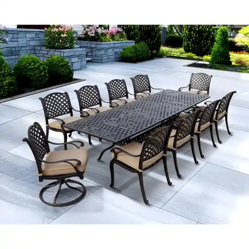 Nassau 11-Piece Outdoor Dining Ensemble  Swivel Rocker Chairs + Extendable Table