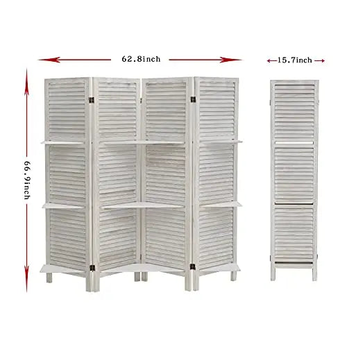 ECOMEX 4-Panel Folding Room Divider  White Privacy Screen with Built-In Shelves