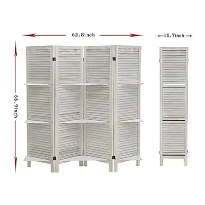 ECOMEX 4-Panel Folding Room Divider  White Privacy Screen with Built-In Shelves