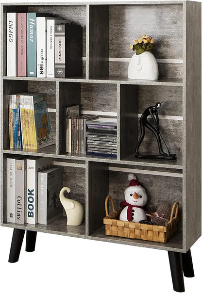 LEYAOYAO Natural Wood 7-Cube Bookshelf  Modern Open-Back Storage Unit with Solid Legs