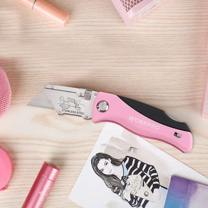WORKPRO Pink Folding Utility Knife  Quick-Change Razor Blade Cutter with Pink Ribbon Design