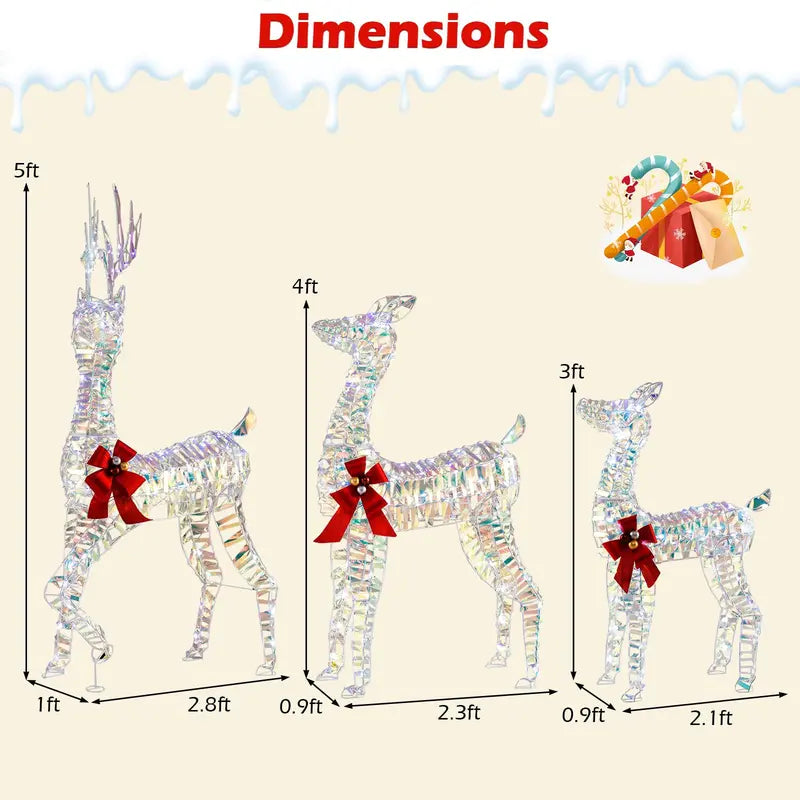 Three-Piece Lighted Reindeer Family — Large-Scale Outdoor Christmas Decor with Integrated LED Lighting and Bows