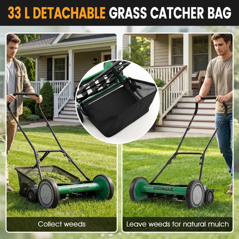 18-Inch Manual Push Reel Lawn Mower with 5-Blade Manganese Steel Cutting System