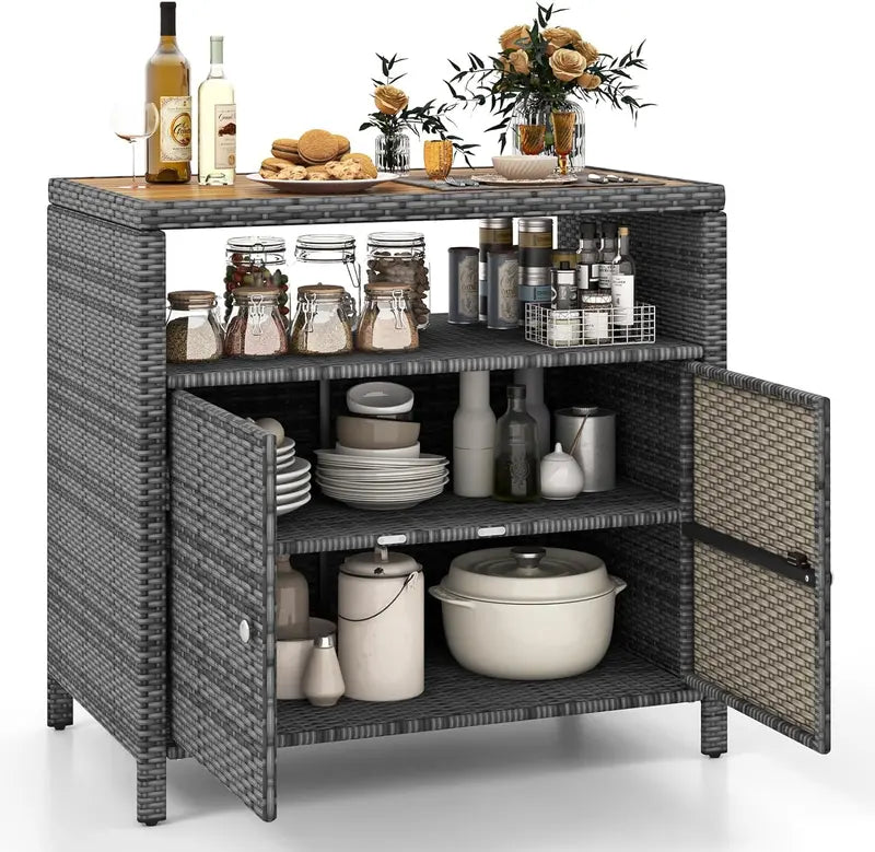 Mixed-Brown Rattan Patio Sideboard  Acacia Wood Countertop Buffet with Open Shelf & 2-Door Storage