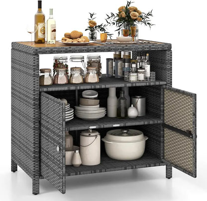 Mixed-Brown Rattan Patio Sideboard  Acacia Wood Countertop Buffet with Open Shelf & 2-Door Storage