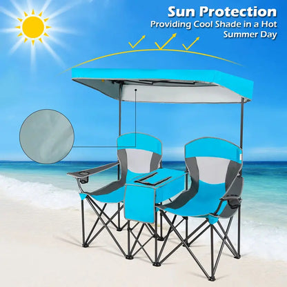 Dual-Person Camping Chair with Integrated Shade Canopy