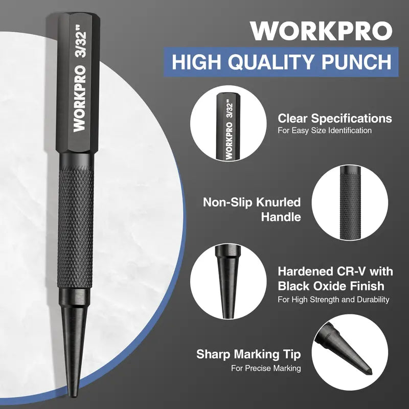 WORKPRO 4-Piece Precision Punch Set — Includes Nail and Center Punches in Common Sizes
