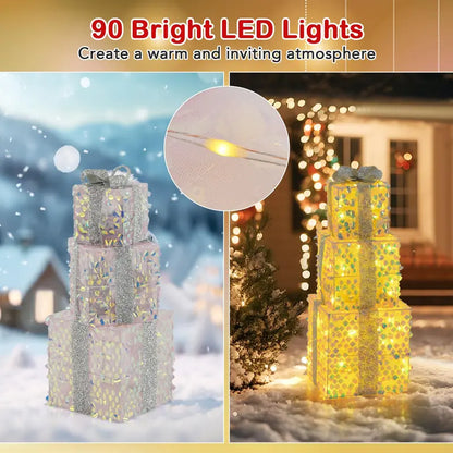 Set of 3 Laser-Finish Lighted Christmas Gift Boxes with Fish-Scale Texture