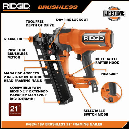 RIDGID 18V Brushless Cordless 21¡ã 3-1/2 in. Framing Nailer Kit with 4.0 Ah Battery and Charger R09894KN