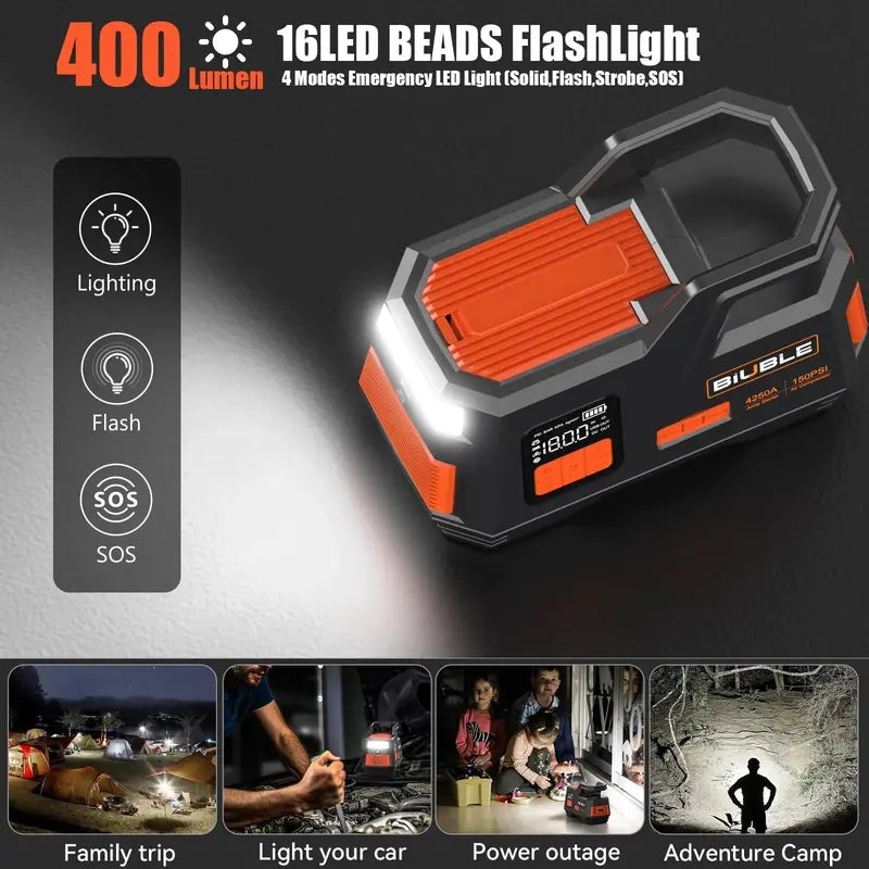 4500A Peak Car Jump Starter with Integrated 150 PSI Air Compressor  Supports Gas Engines up to 10.0L and Diesel Engines