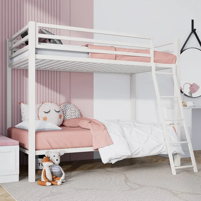 SHA CERLIN Twin-over-Twin Loft Bed Featuring Integrated Ladder and Protective Guardrail