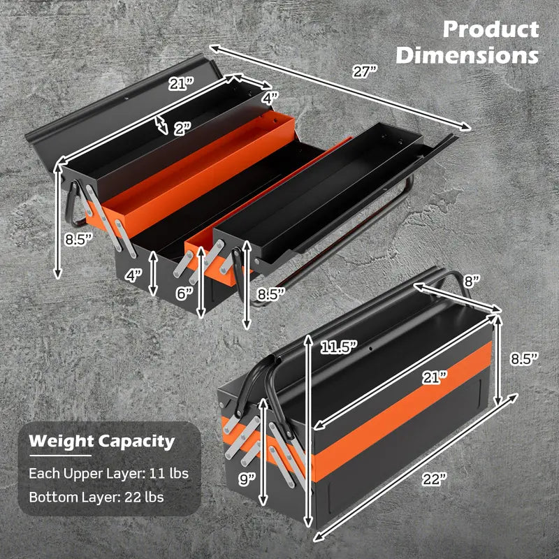 22-Inch 3-Tier Folding Metal Tool Box with 5 Removable Trays & Lockable Handle