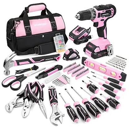 WORKPRO Pink Household Tool Kit with 20V Cordless Lithium-ion Drill Driver