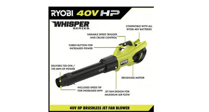 RYOBI 40V HP Cordless Leaf Blower  Brushless Motor, 730 CFM & 190 MPH Air Speed, Ultra-Quiet 57 dB with Dual 4.0Ah Batteries and Charger