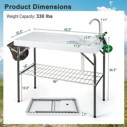 Folding Fish Cleaning Station, 42.5-Inch Stainless Table with Built-In Sink & Spray Nozzle