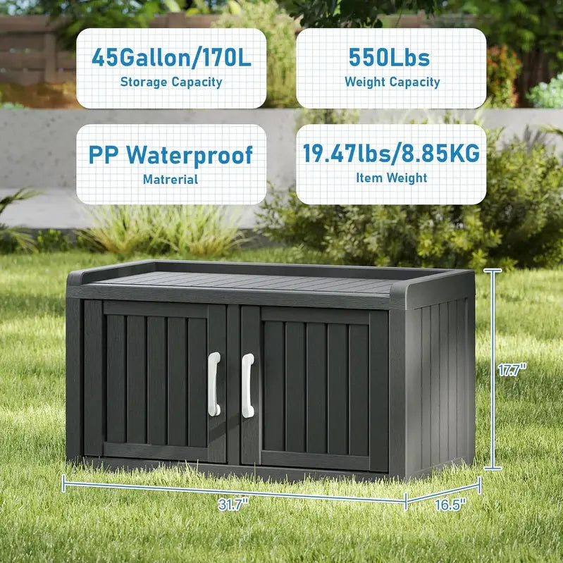 Kamaboko Waterproof Shoe Storage Cabinet  UV-Resistant Outdoor/Indoor Entryway Bench with Dual Barn Doors