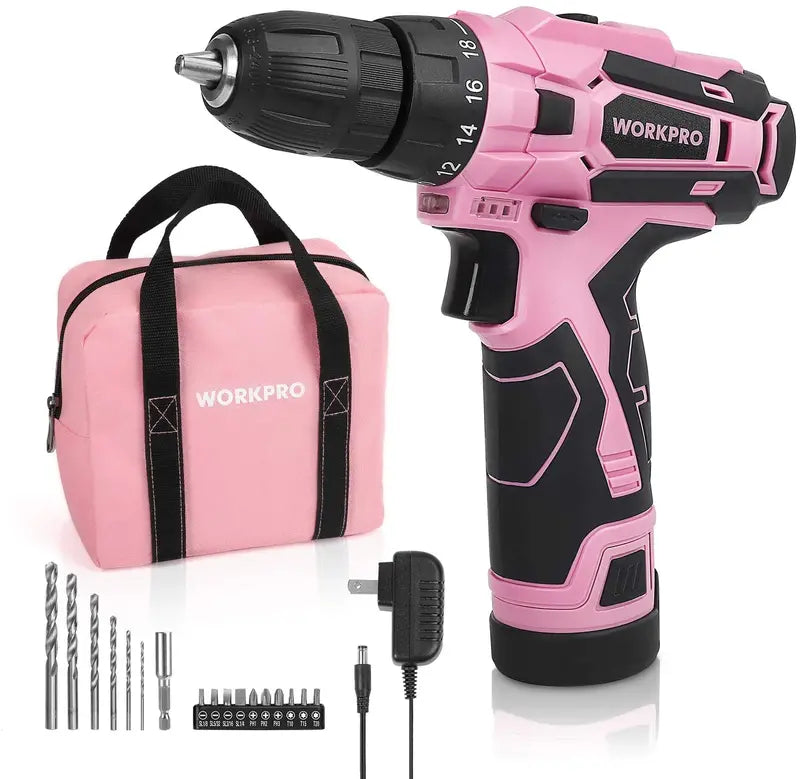 WORKPRO 12V Cordless Drill Kit for Women  Pink Ribbon Design