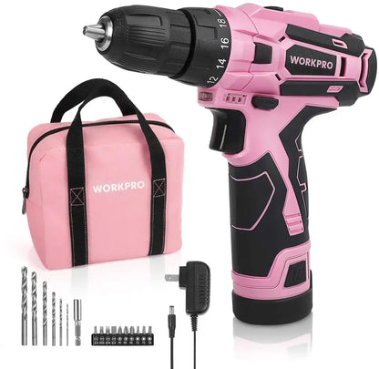WORKPRO 12V Cordless Drill Kit for Women  Pink Ribbon Design