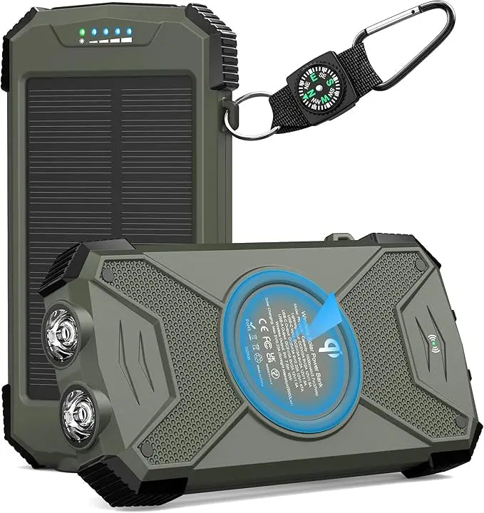 Compact 10000mAh Solar Power Bank with 20W Wireless Charging Support