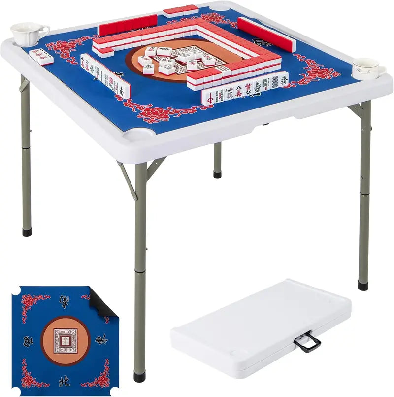 Mahjong-Friendly Folding Card Table — 35-Inch Square HDPE Surface with Cup Holders & Mat