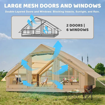 6-Person Inflatable Camping Tent  10×7 Ft Glamping Tent with Built-in Pump, Mesh Ventilation, and All-Weather Durability