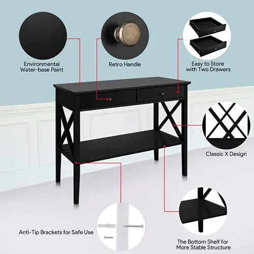 ChooChoo Console Table with Drawers, Narrow Wood Accent Sofa Table Entryway Table