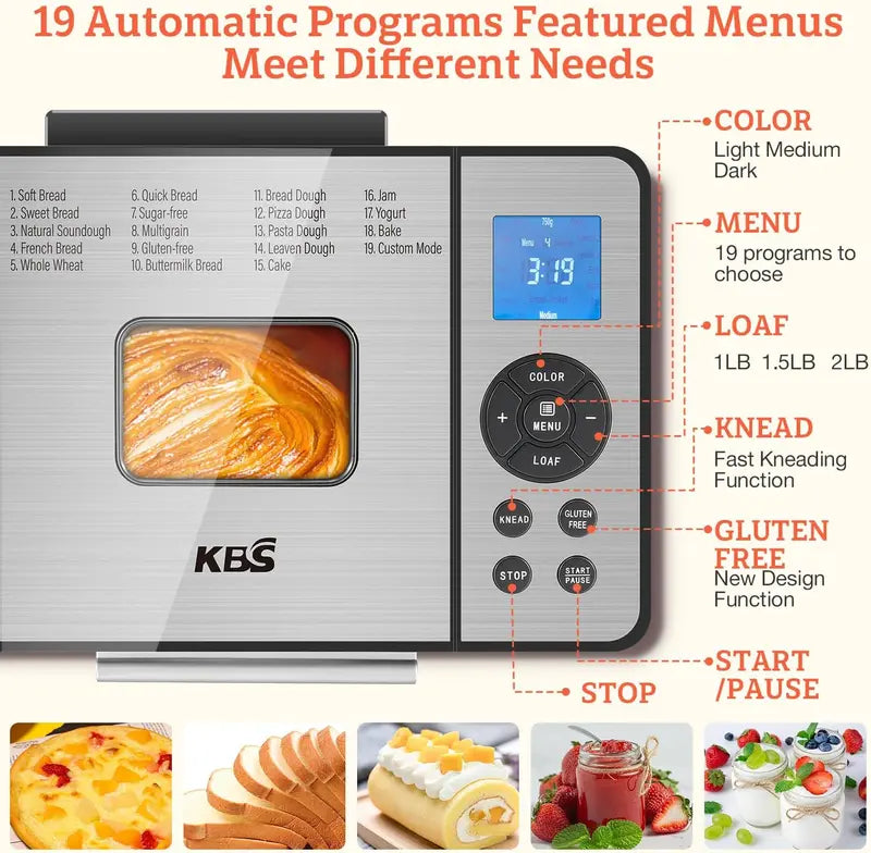 KBS 2LB Stainless Steel Bread Machine  19-in-1 Programmable Baker with Ceramic Pot and Three Loaf Sizes