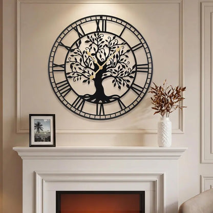 27-Inch Tree of Life-Themed Battery-Operated Metal Wall Clock with Elegant Finish