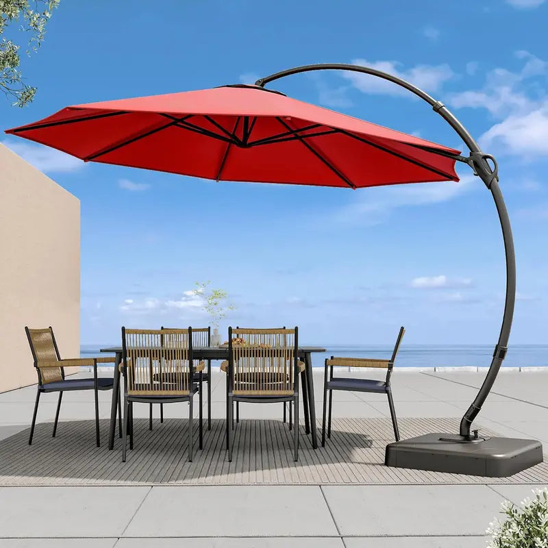 LAUSAINT HOME 11-Foot Cantilever Umbrella — Curvy Offset Design with 360° Rotation, Base Included, Beige Finish