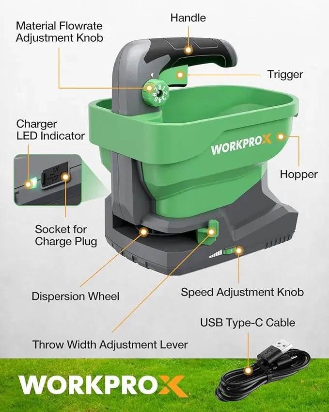 WORKPROX 7.2V Handheld Seed and Fertilizer Spreader  Rechargeable Broadcast Applicator for Lawns and Gardens