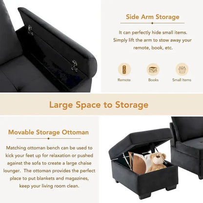 L-Shaped 5-Seat Sleeper Sectional Sofa  84.75-Inch Modular Design with Hidden Arm Storage, Ottoman with Compartment, and Dual USB Charging Ports