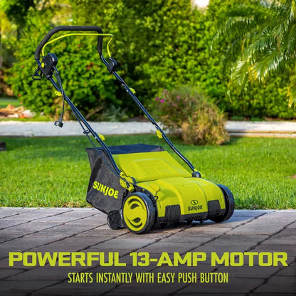 AJ805E 15-Inch Electric Dethatcher & Scarifier  13-Amp Motor, 13.2-Gal Detachable Bag, 5-Height Settings, AirBoost Lawn Revitalization